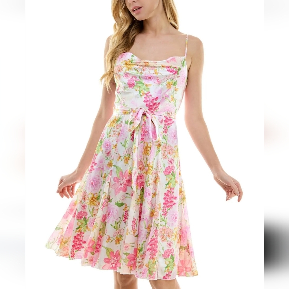 NWT City Studio Pink Floral Cowl Neck Midi Dress Size 9 Summer Wedding Guest